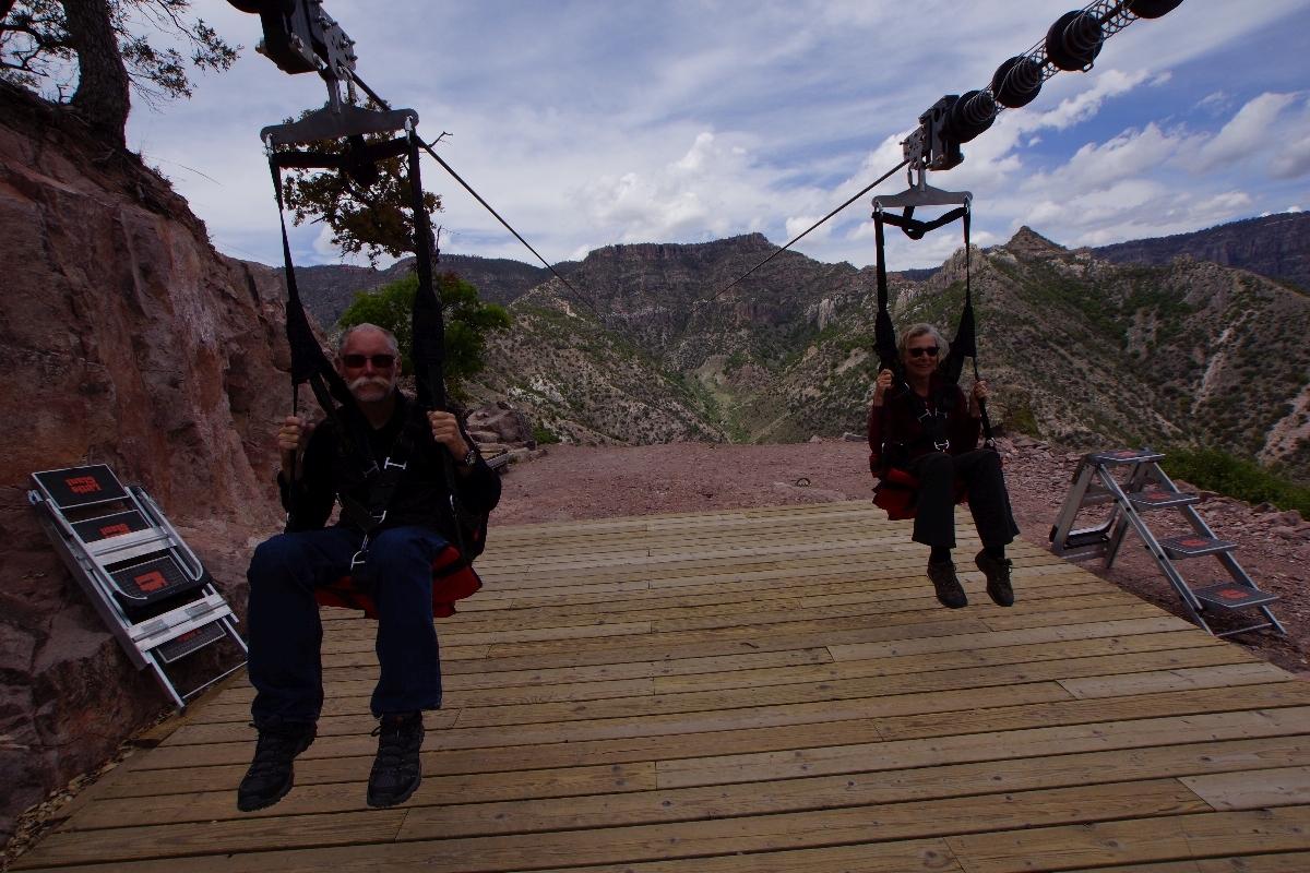 Bruce & Thea at the end of the zip ride, Posada Barrancas, Copper Canyon MX