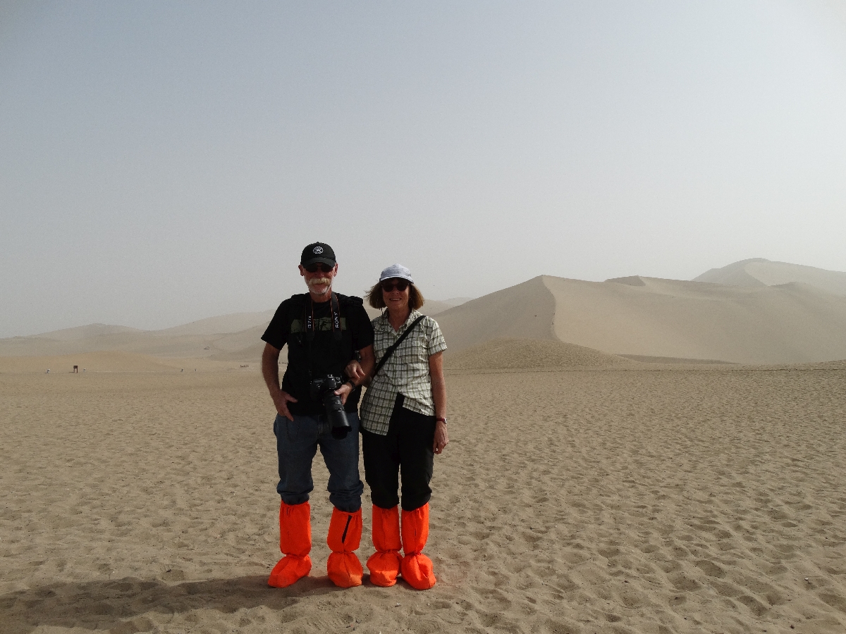 Bruce & Thea in sand boots, The Singing Sand Mountains and Crescent Spring, Dunhuang CN