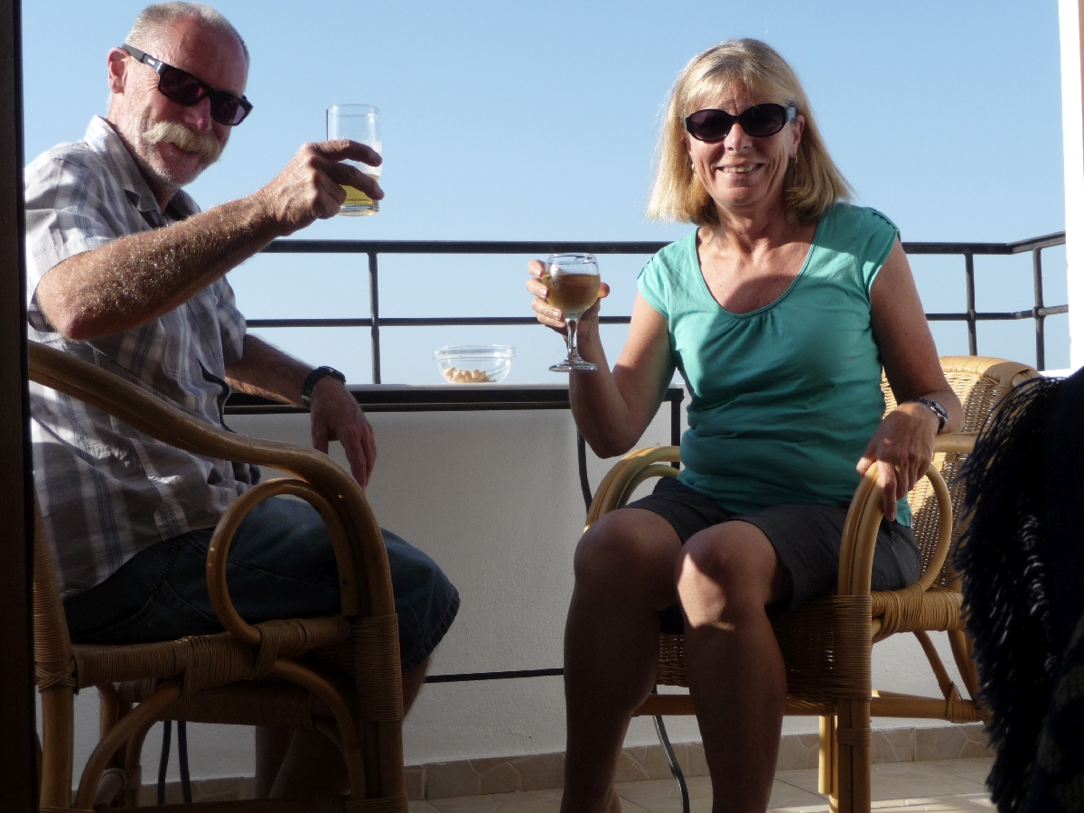 Bruce & Thea enjoy a sunset drink at Amazones Village Apartments, Crete GR