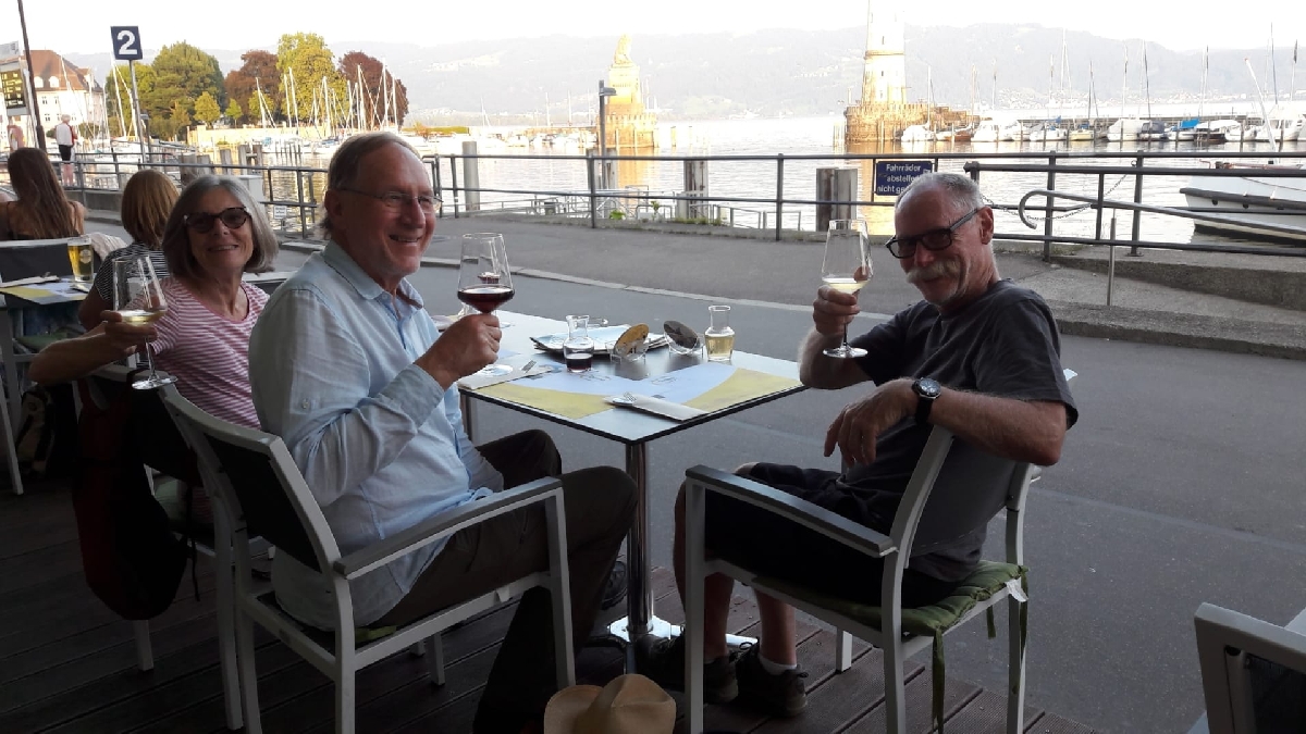 Bruce, Denis and Thea enjoying a drink in Lindau DE