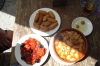 Tapas lunch in Pedruza de la Sierra - ham croquettes, olives and capsicum, big beans stew - all washed down with beer and white wine. ES