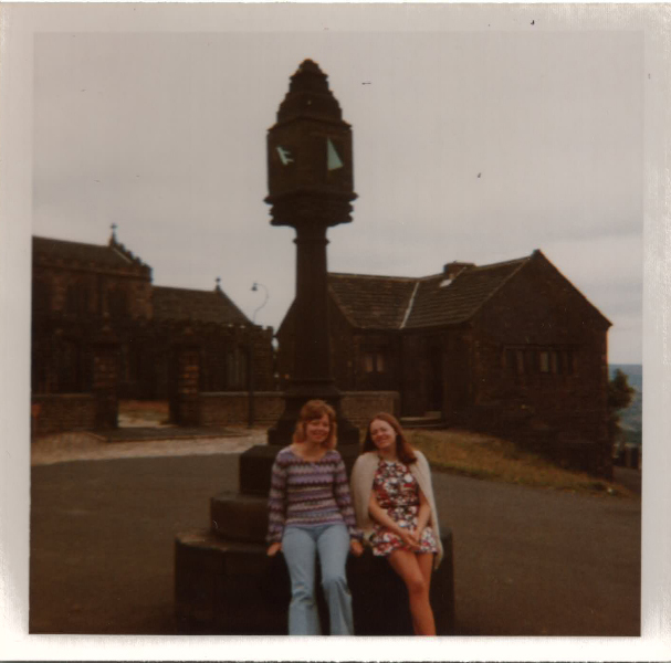 Judith and Thea under the sun dial on the hill at Mottram, cheshire, England